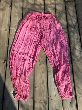 Boho Pink Elastic-Waist Harem Pants